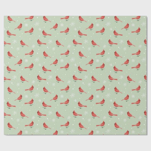 Papier Cadeau Oiseaux Cardinaux Rouges & Pneus Blancs Sur Vert (Plat)