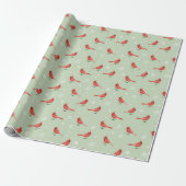 Papier Cadeau Oiseaux Cardinaux Rouges & Pneus Blancs Sur Vert (Déroulé)