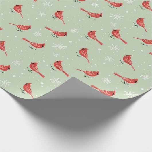Papier Cadeau Oiseaux Cardinaux Rouges & Pneus Blancs Sur Vert (Coin)