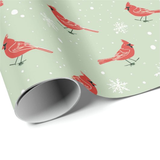 Papier Cadeau Oiseaux Cardinaux Rouges & Pneus Blancs Sur Vert (Coin rond)