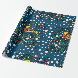 Papier Cadeau Oiseaux Colorés Avec Motif Floral Vintage Bleu