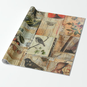 Papier Cadeau Oiseaux Colorés Collage de Journal Ancien sur la N