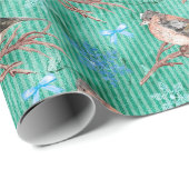 Papier Cadeau Oiseaux Dans La Neige - Arrière - plan Vert (Coin rond)