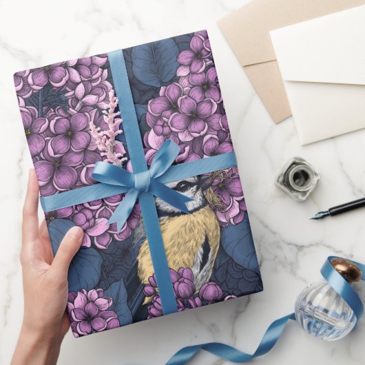 Papier Cadeau Oiseaux dans le jardin violet lilas (Cadeaux)