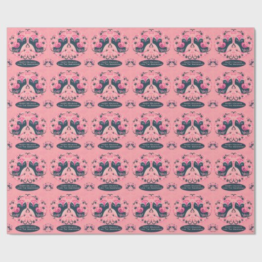 Papier Cadeau Oiseaux d'art populaire bleu rose scandinave bapti (Plat)