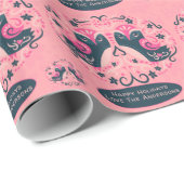 Papier Cadeau Oiseaux d'art populaire bleu rose scandinave bapti (Coin rond)