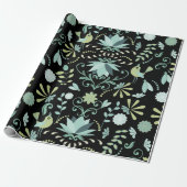Papier Cadeau Oiseaux de Boho cutus fleurs bleu vert noir motif (Déroulé)