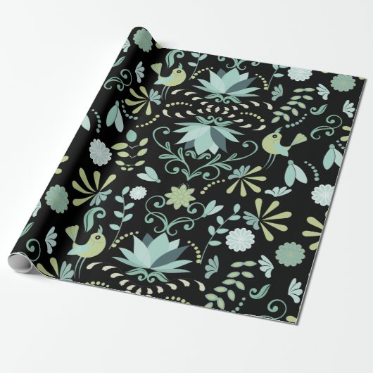 Papier Cadeau Oiseaux de Boho cutus fleurs bleu vert noir motif (Déroulé)