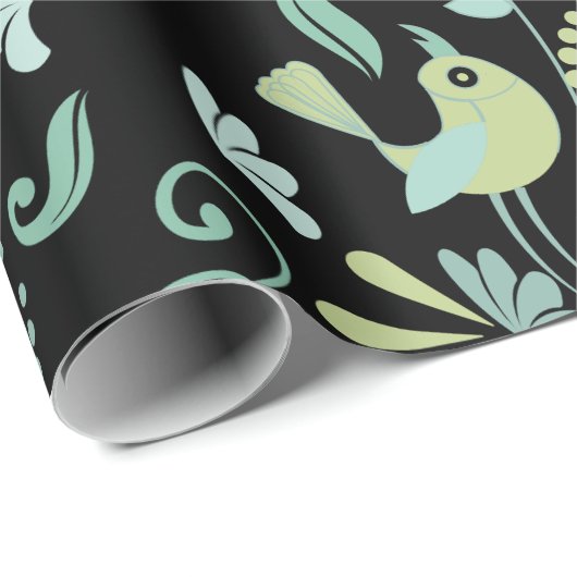 Papier Cadeau Oiseaux de Boho cutus fleurs bleu vert noir motif (Coin rond)