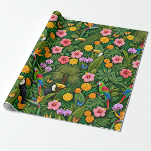 Papier Cadeau Oiseaux de jungle colorés et gais Fleurs tropicale