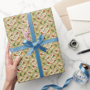 Papier Cadeau Oiseaux de Noël et baies de houx d'art folklorique