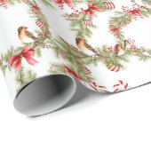 Papier Cadeau Oiseaux de Noël et Boughs de pins et Bows rouges (Coin rond)