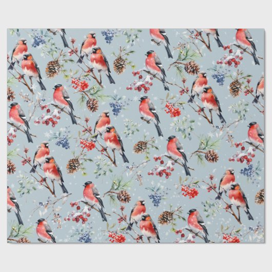 Papier Cadeau Oiseaux de Noël Red Bullfinch Berries & Pine Cônes (Plat)