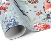 Papier Cadeau Oiseaux de Noël Red Bullfinch Berries & Pine Cônes (Coin rond)