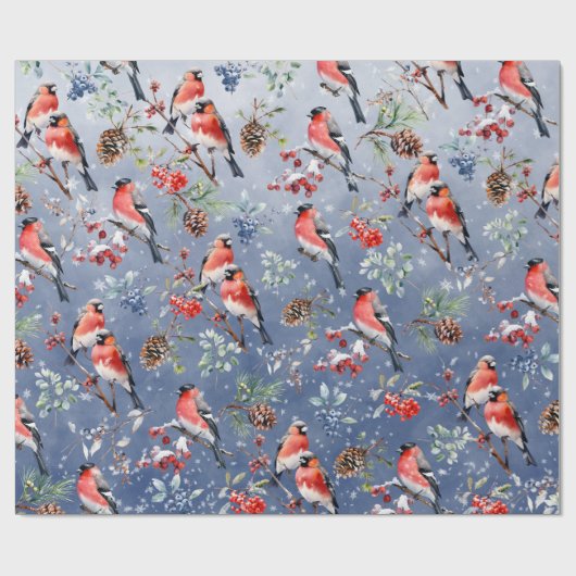 Papier Cadeau Oiseaux de Noël Red Bullfinch Berries & Pine Cônes (Plat)