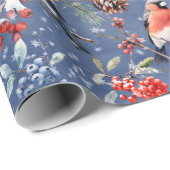 Papier Cadeau Oiseaux de Noël Red Bullfinch Berries & Pine Cônes (Coin rond)