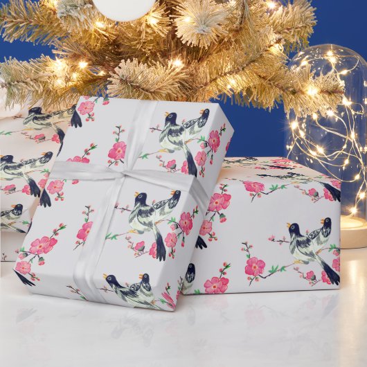 Papier Cadeau Oiseaux de Pigeon mignons Fleurs de rose gris-noir (Vacances)