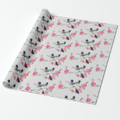Papier Cadeau Oiseaux de Pigeon mignons Fleurs de rose gris-noir (Déroulé)