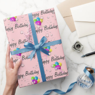 Papier Cadeau Oiseaux de pluie et ballons sur rose
