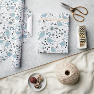 Papier Cadeau Oiseaux de poulet Fleurs gris bleu mignonnes Berri