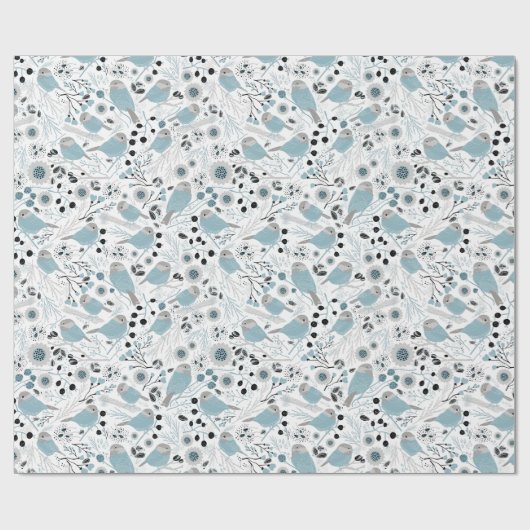 Papier Cadeau Oiseaux de poulet Fleurs gris bleu mignonnes Berri (Plat)