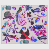 Papier Cadeau OISEAUX DE PRINTEMPS, PLUMES ET FRUITS Bleu rose F (Plat)