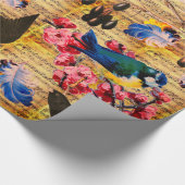 Papier Cadeau OISEAUX DE PRINTEMPS, PLUMES, FRUITS Notes de musi (Coin)