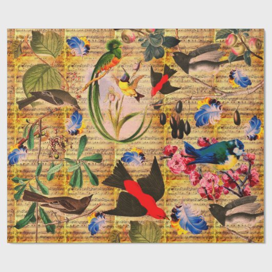 Papier Cadeau OISEAUX DE PRINTEMPS, PLUMES, FRUITS Notes de musi (Plat)