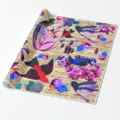 Papier Cadeau OISEAUX DE PRINTEMPS,PLUMES,FRUITS Notes de musiqu (Déroulé)