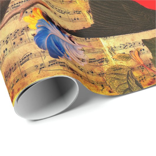 Papier Cadeau OISEAUX DE PRINTEMPS, PLUMES, FRUITS Notes musical (Coin rond)