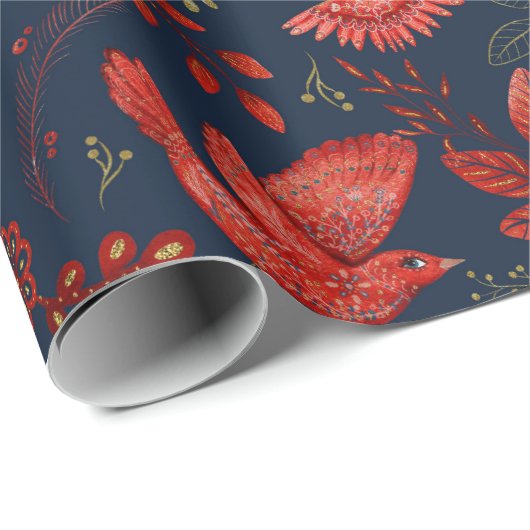 Papier Cadeau oiseaux des forêts enchantées enrobant rouge de No (Coin rond)
