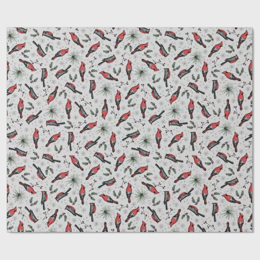 Papier Cadeau Oiseaux d'hiver Cardinal rouge, pins et baies (Plat)
