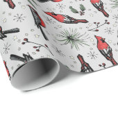 Papier Cadeau Oiseaux d'hiver Cardinal rouge, pins et baies (Coin rond)