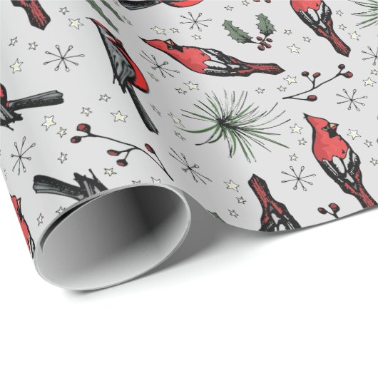 Papier Cadeau Oiseaux d'hiver Cardinal rouge, pins et baies (Coin rond)