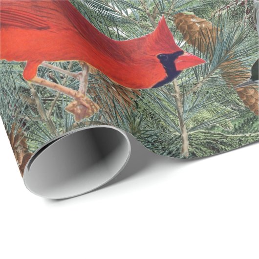 Papier Cadeau Oiseaux d'hiver Forêt Cardinal Pickadee Nuthatch (Coin rond)