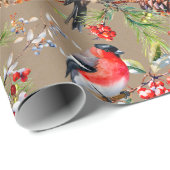 Papier Cadeau Oiseaux d'hiver Pine Cônes & Berries rouges Vacanc (Coin rond)