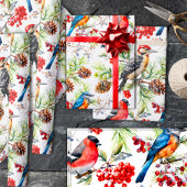 Papier Cadeau Oiseaux d'hiver Pine Cônes & Berries rouges Vacanc