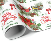 Papier Cadeau Oiseaux d'hiver Poinsettia Bouquet Noël (Coin rond)