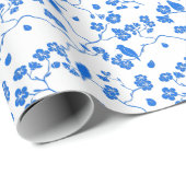 Papier Cadeau Oiseaux en fleurs de cerisiers Bleu Imprimer (Coin rond)