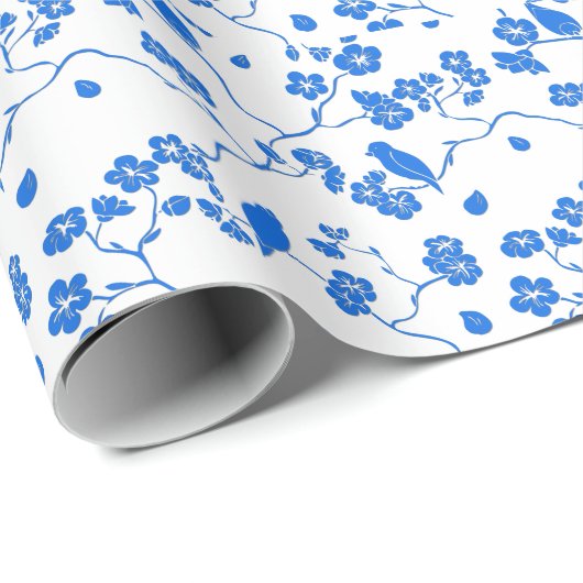 Papier Cadeau Oiseaux en fleurs de cerisiers Bleu Imprimer (Coin rond)