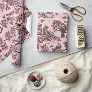 Papier Cadeau Oiseaux et fleurs de cerisier sur rose rose