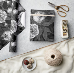 Papier Cadeau Oiseaux et fleurs de pivoines monochromes, gris