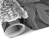 Papier Cadeau Oiseaux et fleurs de pivoines monochromes, gris (Coin rond)