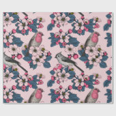 Papier Cadeau Oiseaux et fleurs roses (Plat)