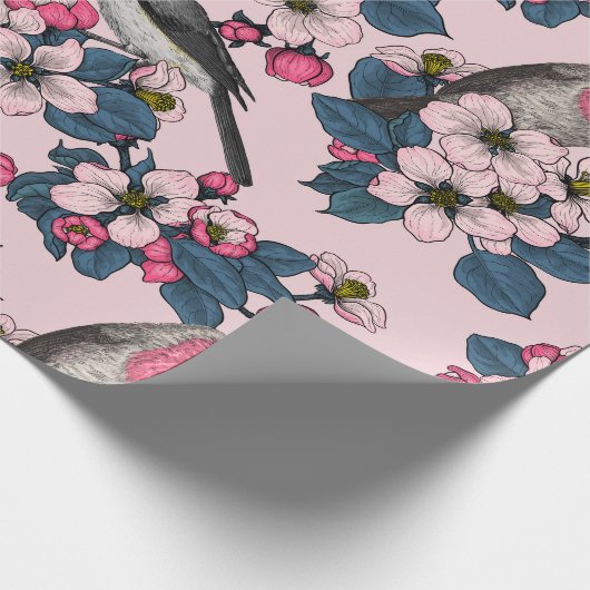 Papier Cadeau Oiseaux et fleurs roses (Coin)