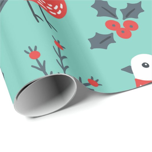 Papier Cadeau Oiseaux et Motif de Noël Holly Berry (Coin rond)