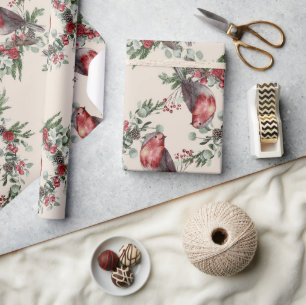 Papier Cadeau Oiseaux Fleurs Berries Noël