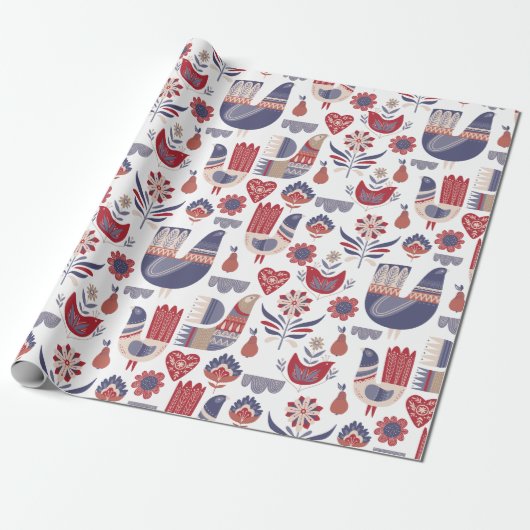 Papier Cadeau Oiseaux floraux d'hiver scandinave (Déroulé)