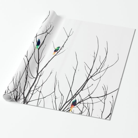 Papier Cadeau Oiseaux lumineux artistiques sur des branches (Déroulé)