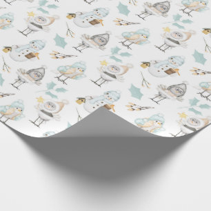 Papier Cadeau Oiseaux mignons et bonshommes de neige